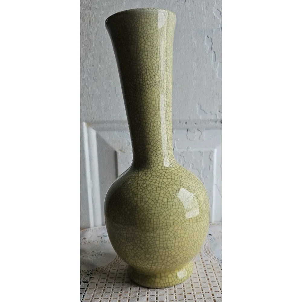 Crackle yellow/gray,  bubble on bottle with pedestal, with long neck Vase.